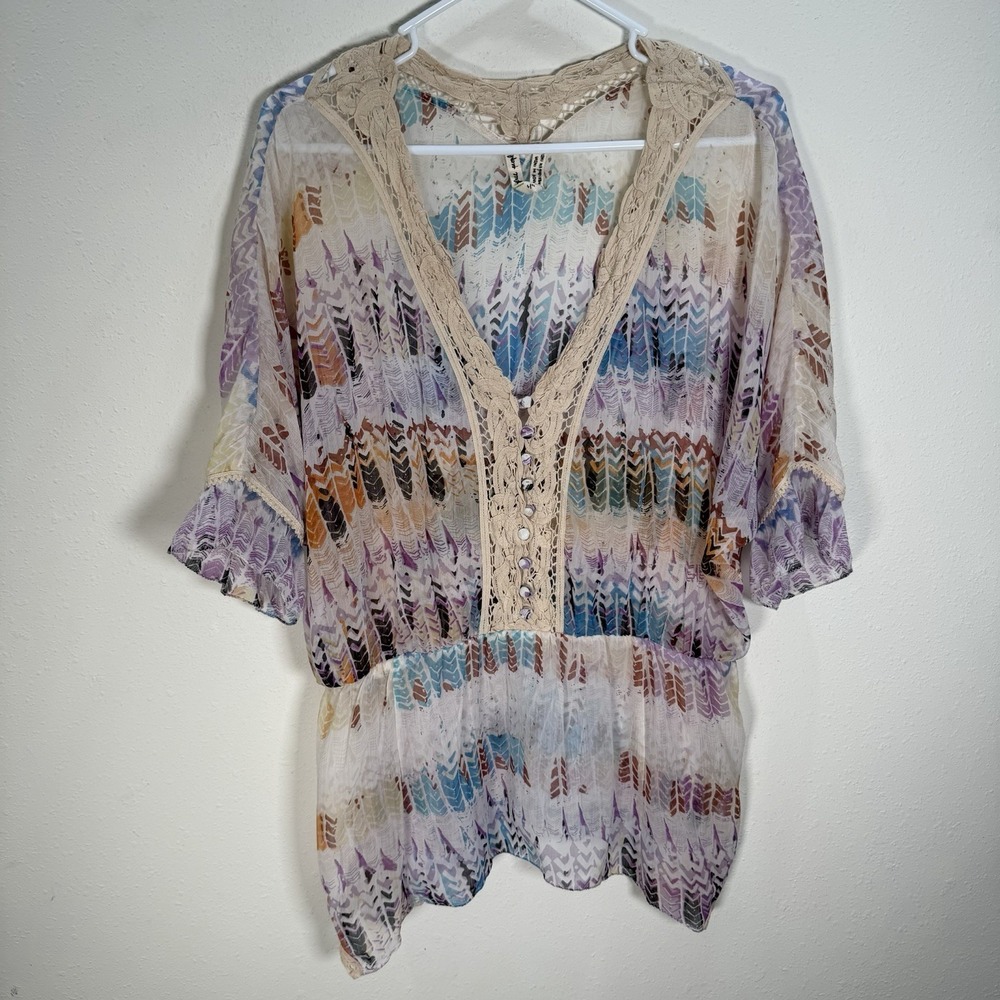 Free People Womens Sz L Blouse Sheer Crochet Boho Festival Whimsical Ethereal